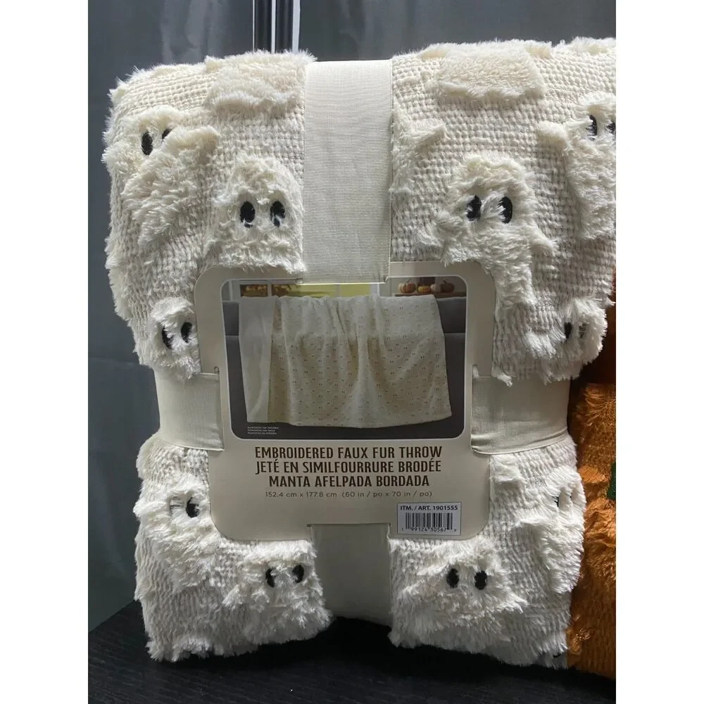 NWT Costco Halloween Faux Fur Throw Blanket Lot of 3 Ghost Cat Pumpkin